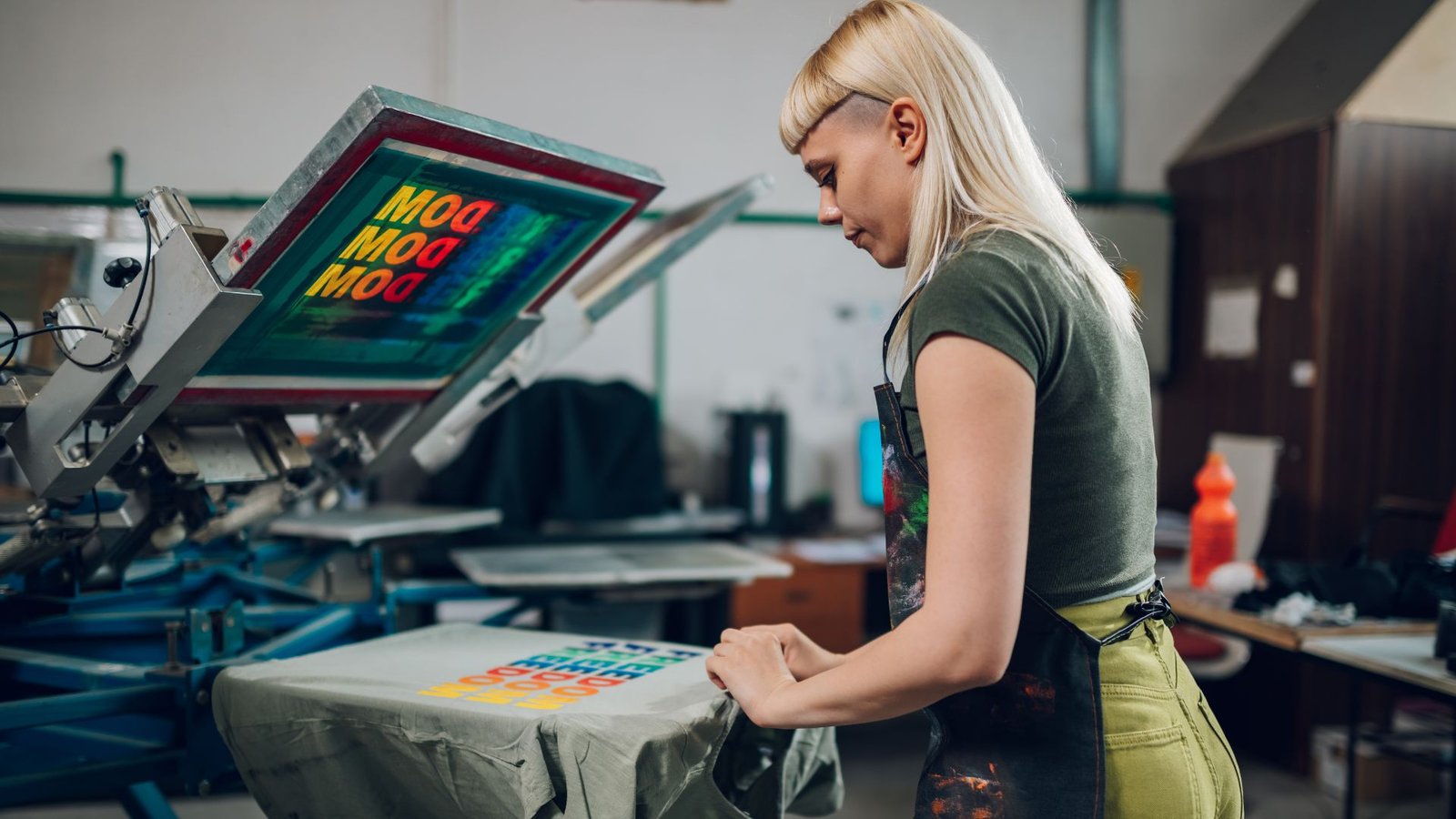 Employee printing t shirt in at print shop