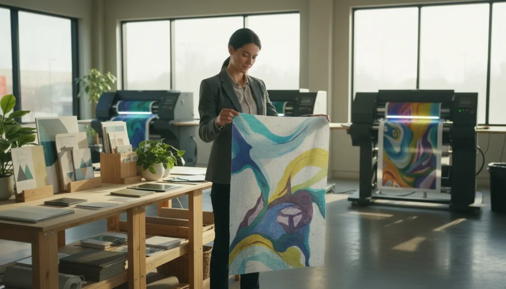 Professional inspecting high quality custom printed artwork inside a modern Edmonton printing studio at Gateway Press