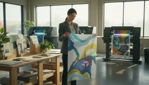Professional inspecting high quality custom printed artwork inside a modern Edmonton printing studio at Gateway Press