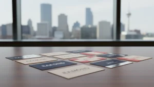 Premium business cards displayed on a desk with Edmonton skyline in background showcasing professional design and high quality paper stock
