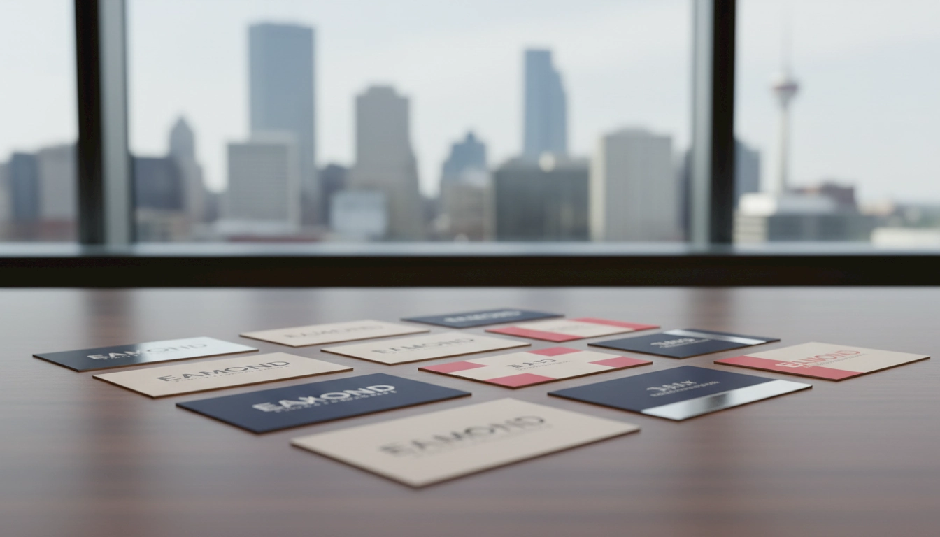 Premium business cards displayed on a desk with Edmonton skyline in background showcasing professional design and high quality paper stock