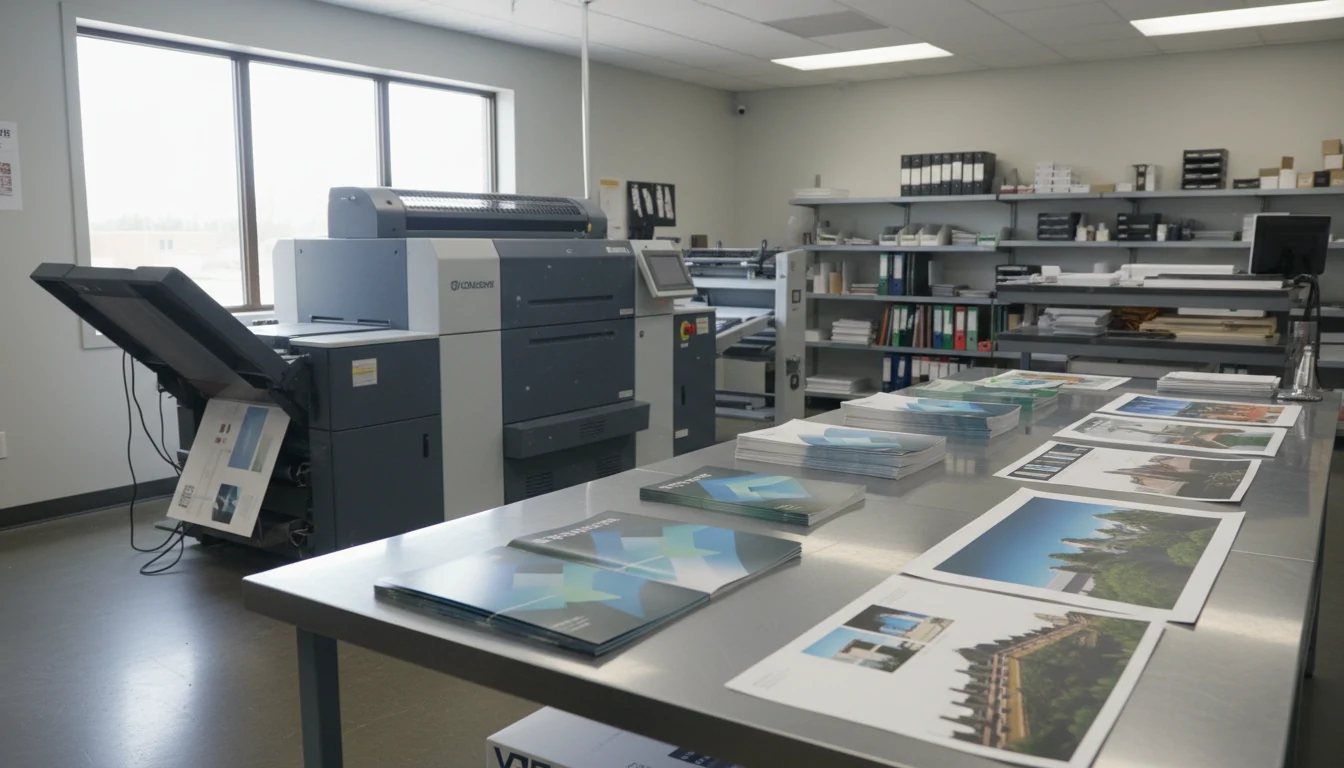 Commercial printing equipment and finished marketing materials in an Edmonton print shop